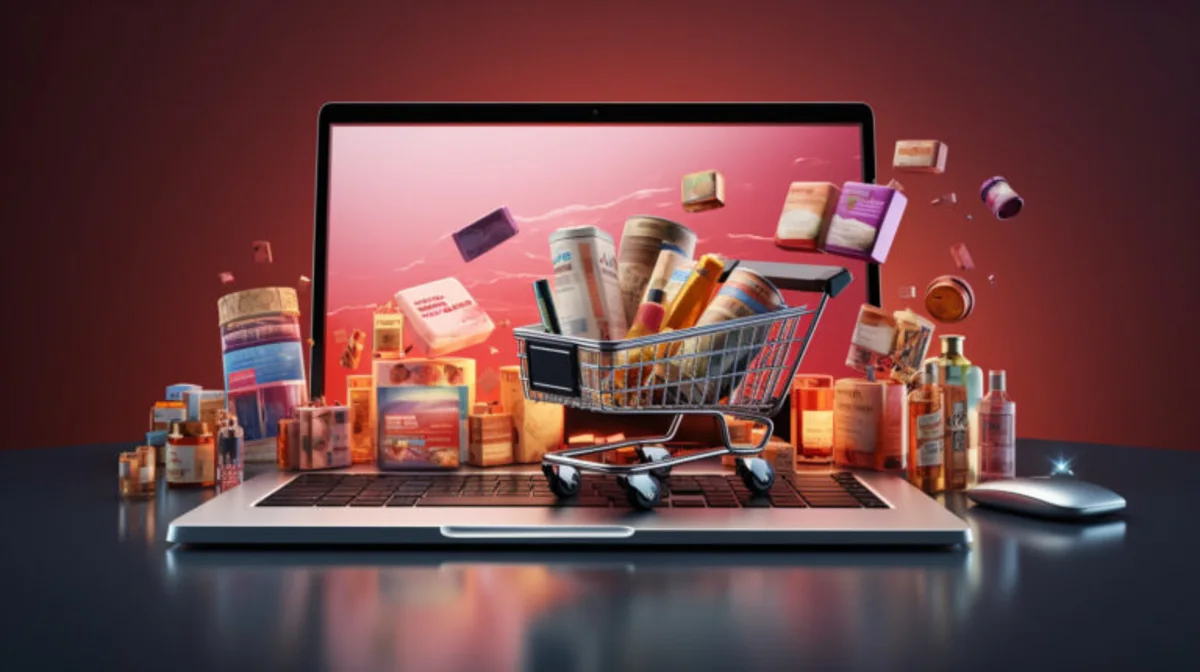 Laptop displaying online shopping imagery with a shopping cart and assorted consumer products.