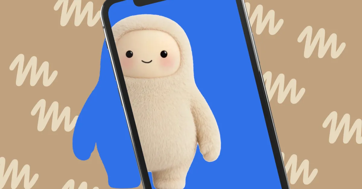 A tilted smartphone displays a smiling cream-colored plush character against a bright blue screen, over a tan patterned background.