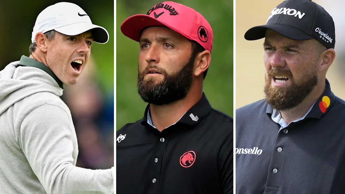 Three male golfers wearing caps and polo shirts pose in a side-by-side composite portrait.