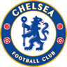Chelsea Football Club crest featuring a blue lion, footballs, and gold lettering on a dark background