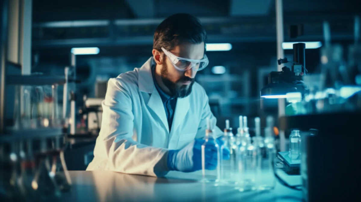 Scientist in safety goggles and lab coat working with samples in a modern laboratory
