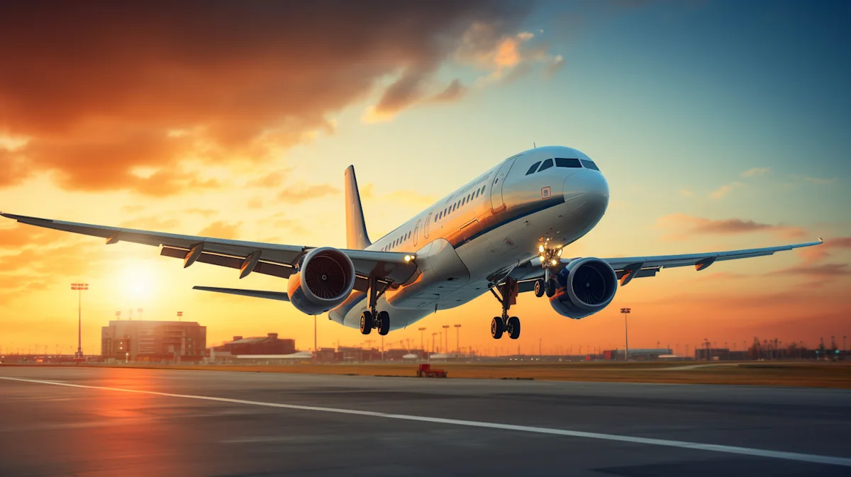 Passenger jet lifting off from an airport runway against a dramatic orange and blue sunset sky.
