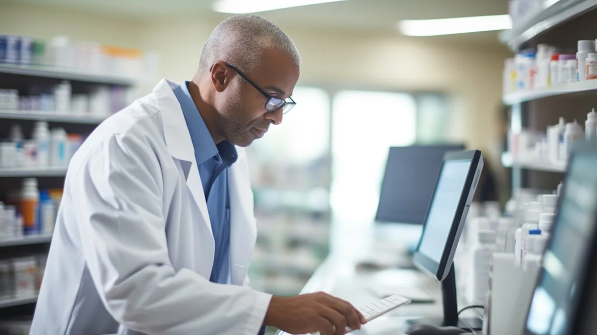 Pharmacist in a white coat reviews a prescription beside a computer in a pharmacy.