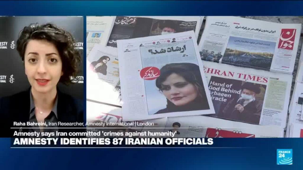 News broadcast shows a woman beside Iranian newspaper front pages and an Amnesty International headline.