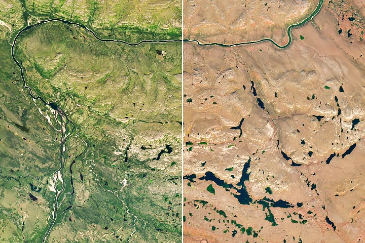 Split satellite image showing a winding river, green terrain on the left, and arid terrain on the right.