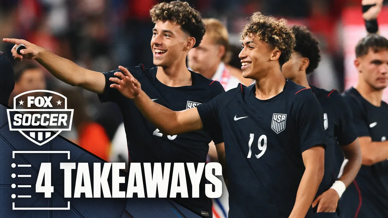 Two smiling USA soccer players in dark jerseys gesture during a match, with a FOX Soccer “4 Takeaways” graphic.