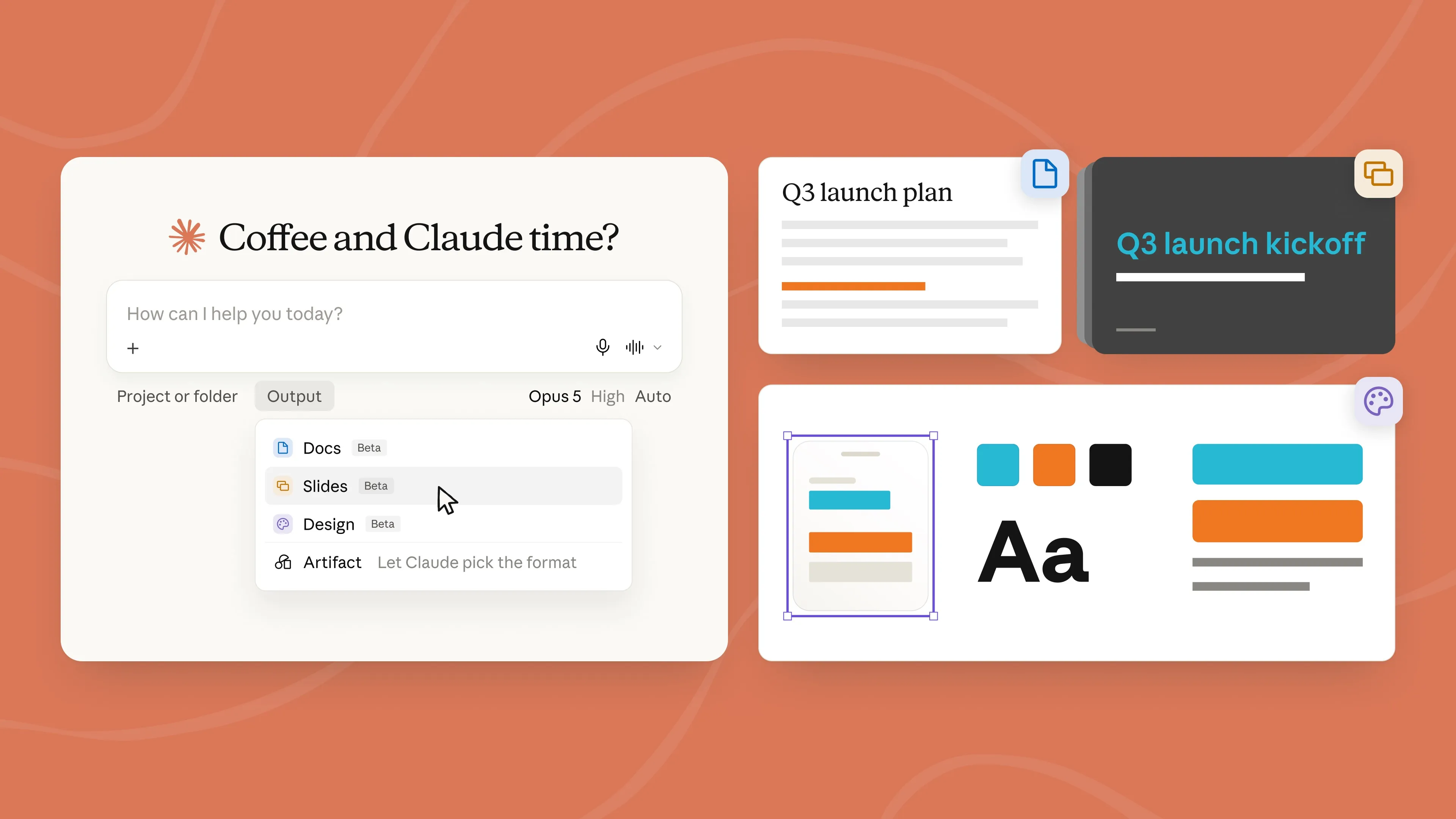 Illustration of Claude interface combining chat, document, slide, and design creation tools.