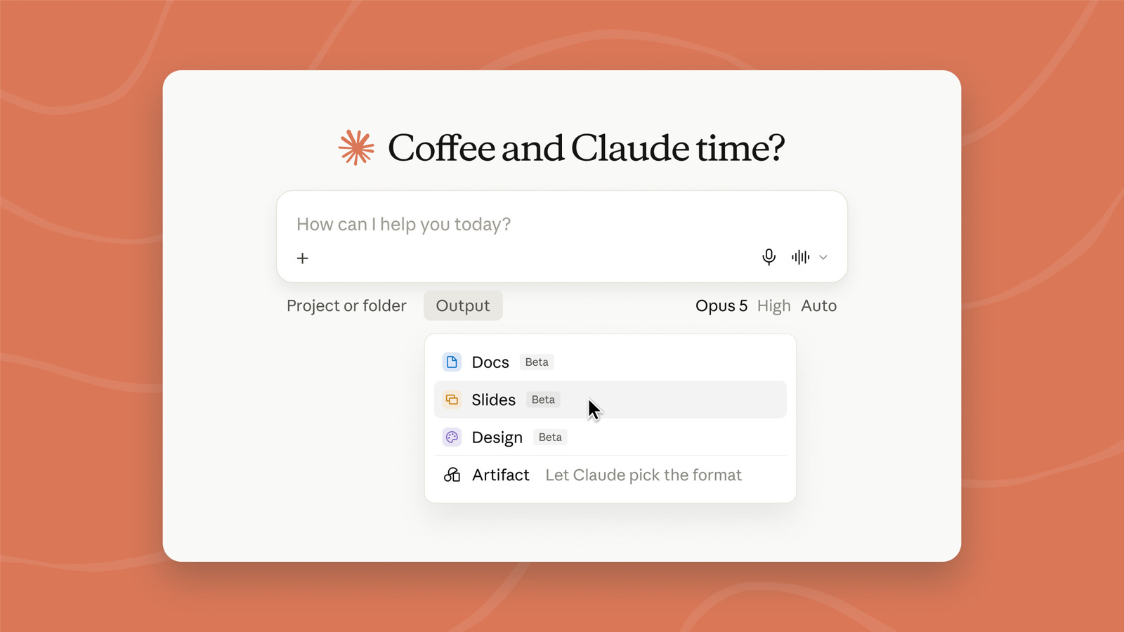Claude interface displays a prompt box and output menu for Docs, Slides, Design, and Artifact.