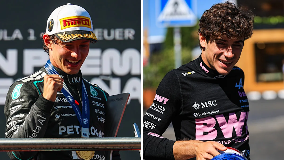 Split image of two racing drivers celebrating separately, one holding a trophy and wearing a medal.