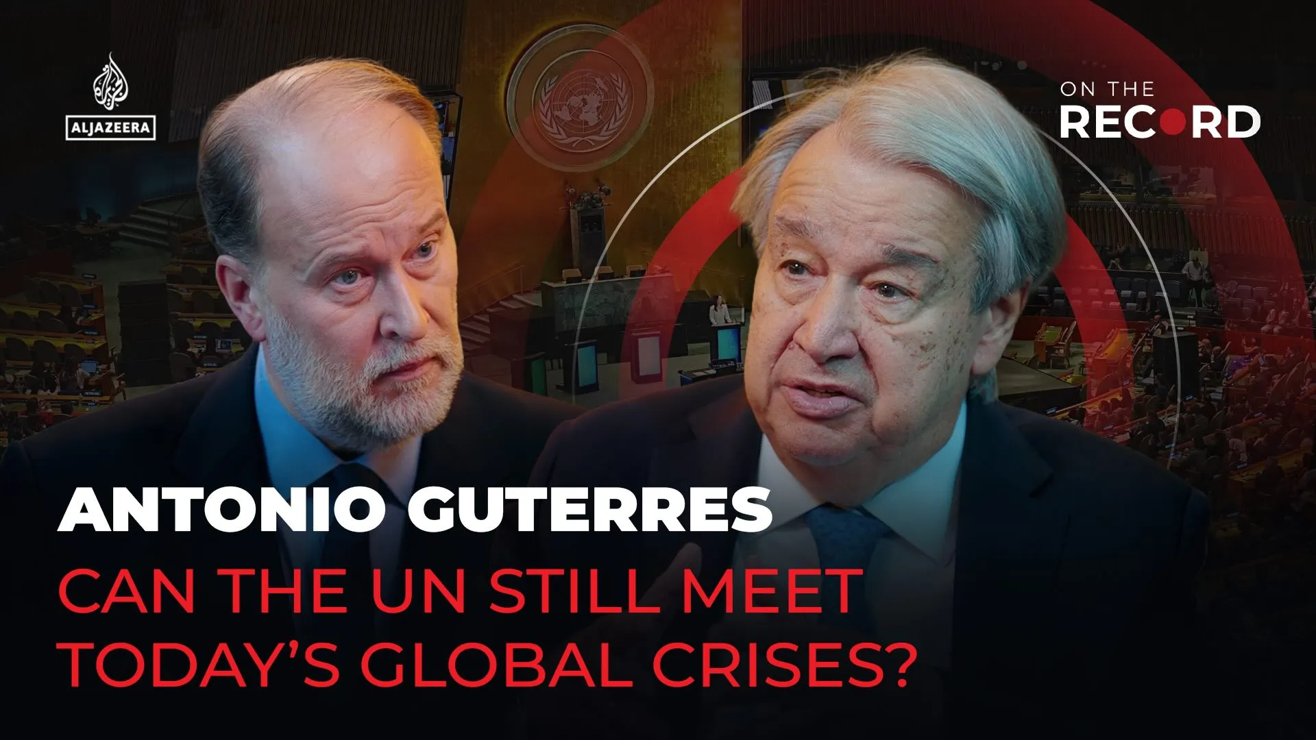 Composite portrait of two men over a United Nations chamber, with Al Jazeera and program text.