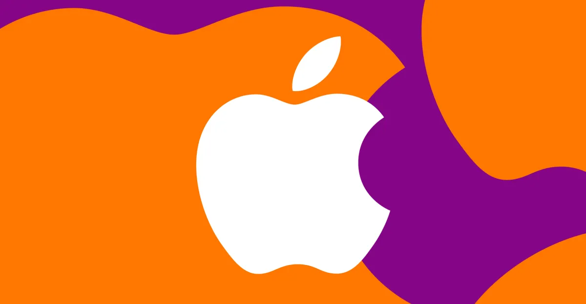 White Apple logo centered on an abstract orange and purple wavy background