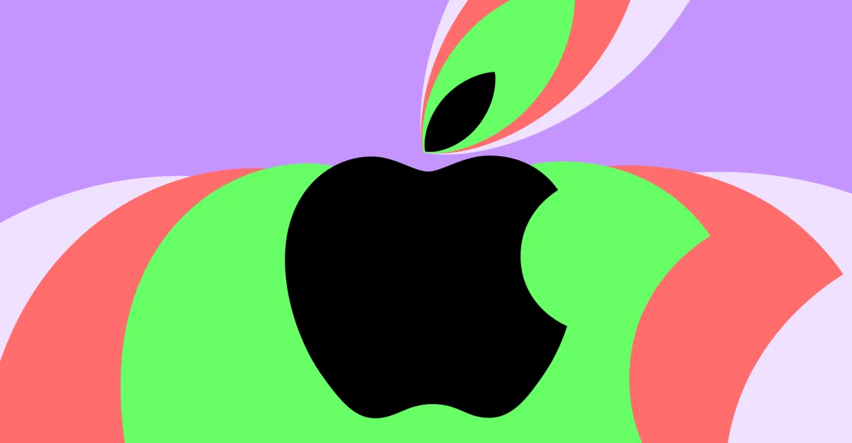 Abstract black Apple logo over bright green, red, lavender, and white curved shapes