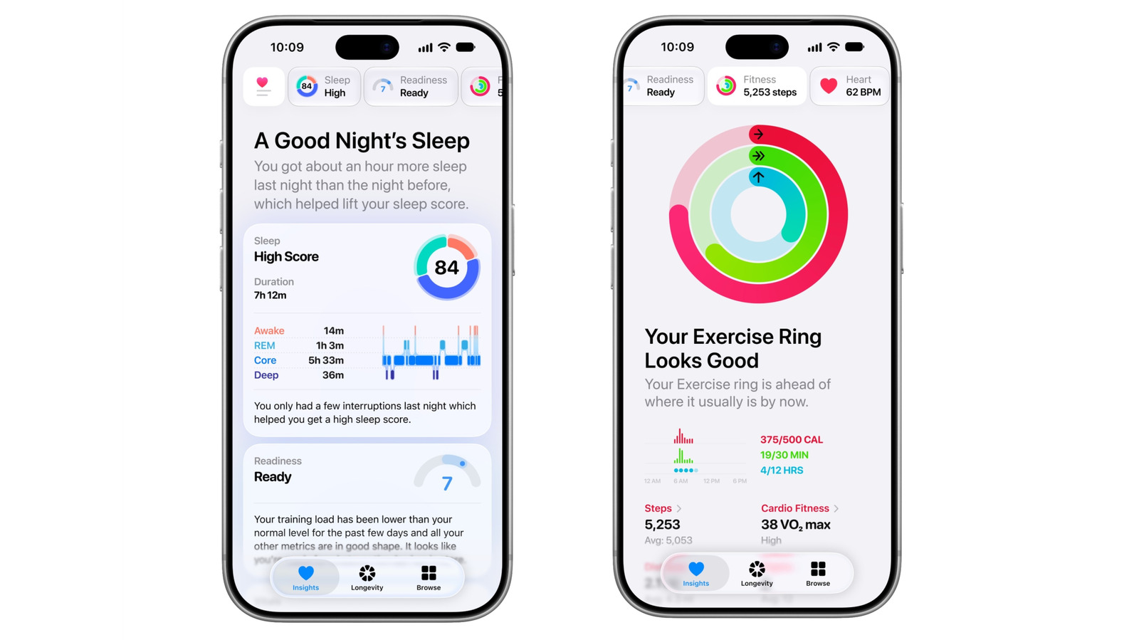 Two iPhones display redesigned Apple Health app screens featuring sleep and exercise metrics.