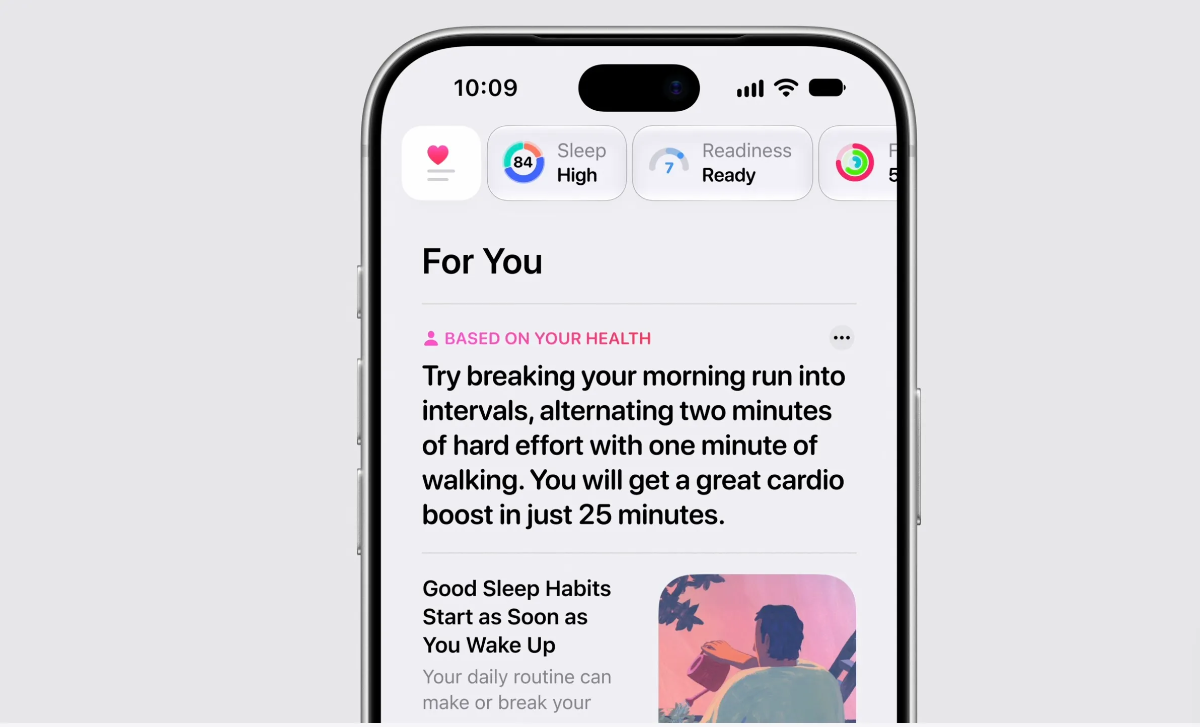 Close-up of iPhone displaying Apple Health recommendations, sleep and readiness scores, and fitness cards