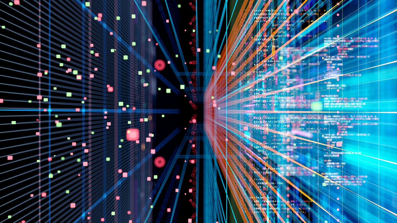 Abstract visualization of colorful data streams, code fragments, grids, and glowing particles converging through a digital tunnel