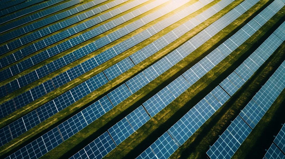 Aerial view of long rows of blue solar panels arranged across green grass.