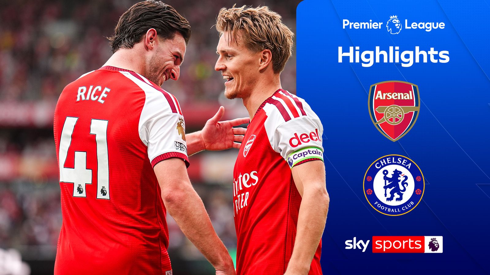 Two Arsenal players in red kits converse beside Premier League Highlights graphics featuring Arsenal and Chelsea crests.