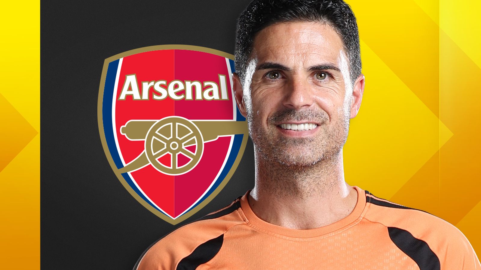Mikel Arteta pictured in an Arsenal shirt beside the club crest on a yellow background