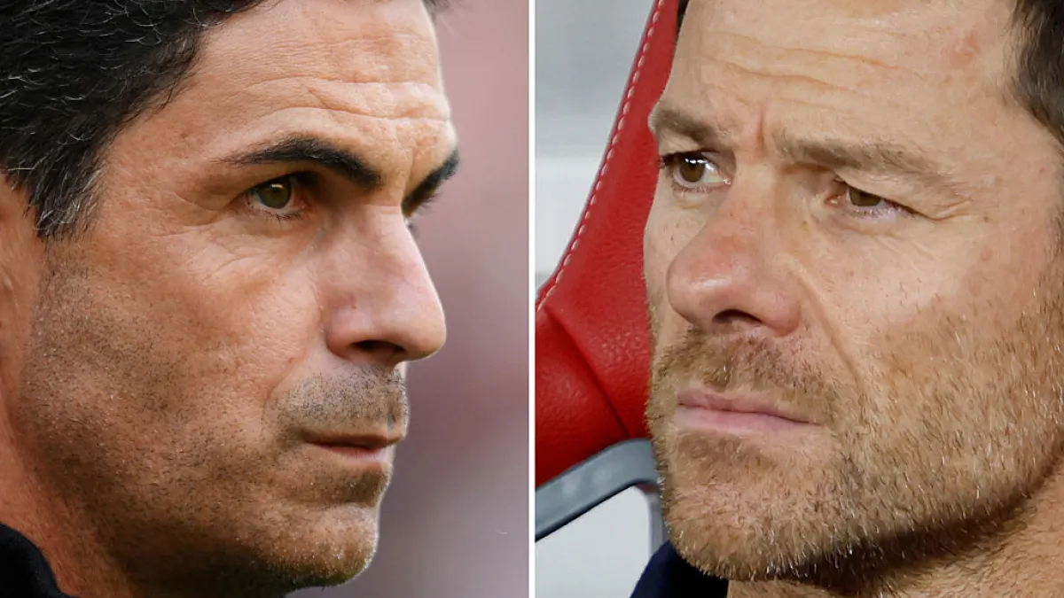Split-screen close-up portraits of two men facing one another, separated by a vertical white line.