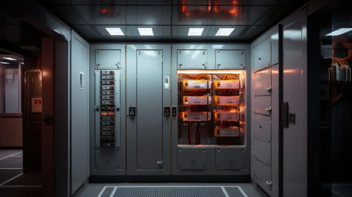 Open electrical control cabinet with illuminated modules and bundled wiring in a dim industrial room