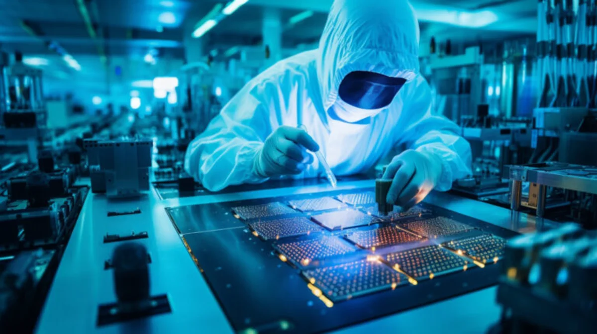Technician in protective clothing inspecting semiconductor wafers in a blue-lit laboratory