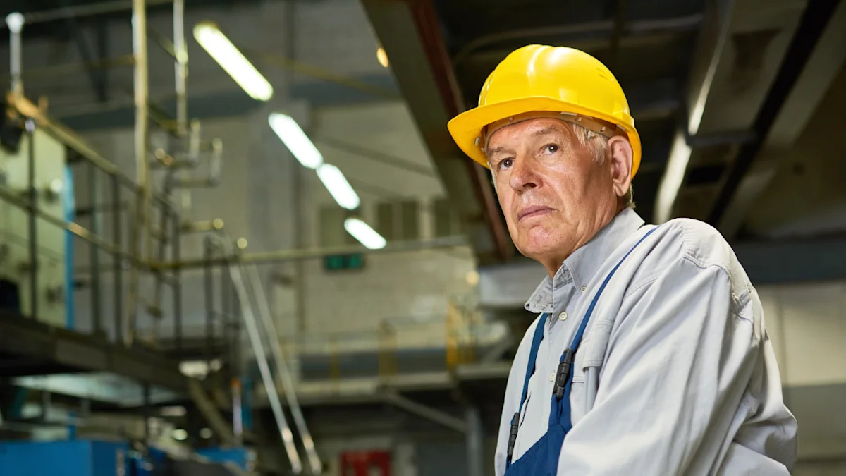Older factory worker wearing a yellow hard hat and blue apron inside an industrial facility.