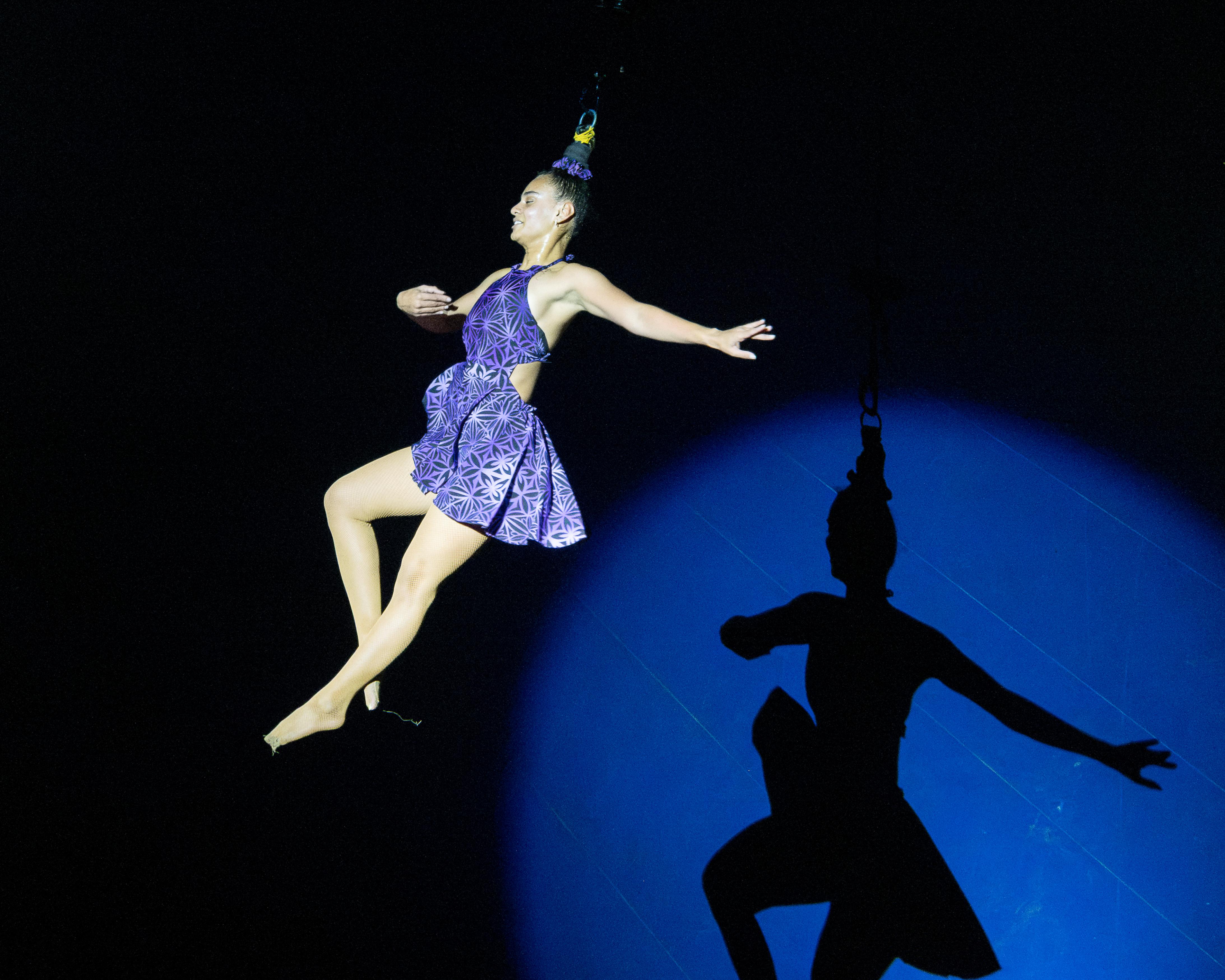 Aerial performer in purple costume poses above a blue-lit stage with a large shadow below
