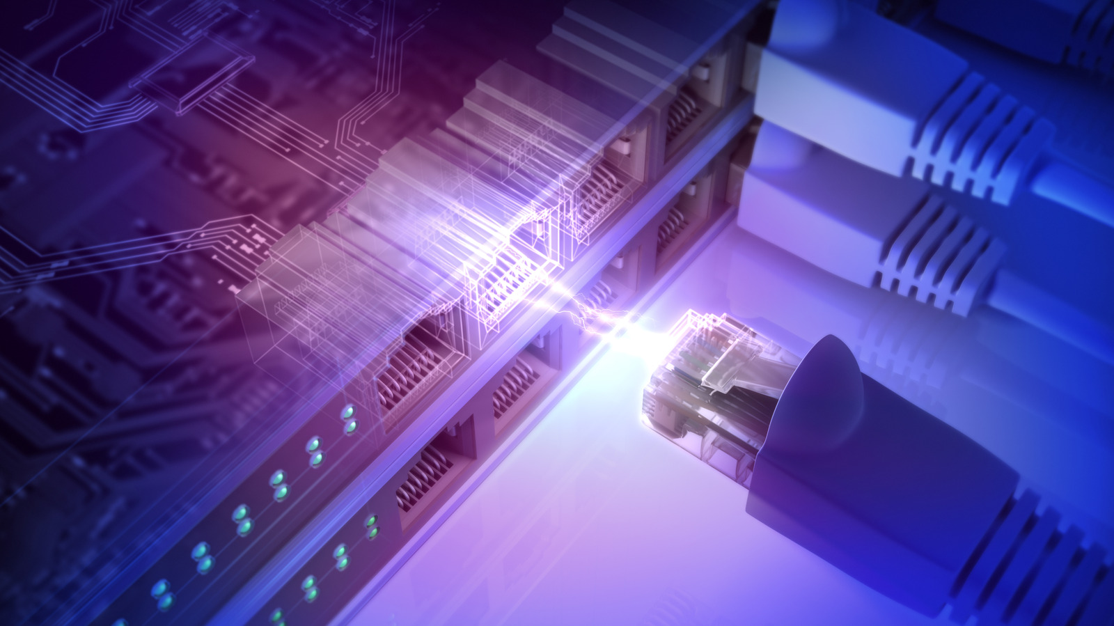 Close-up of Ethernet cables and network ports glowing with blue and purple digital circuit overlays