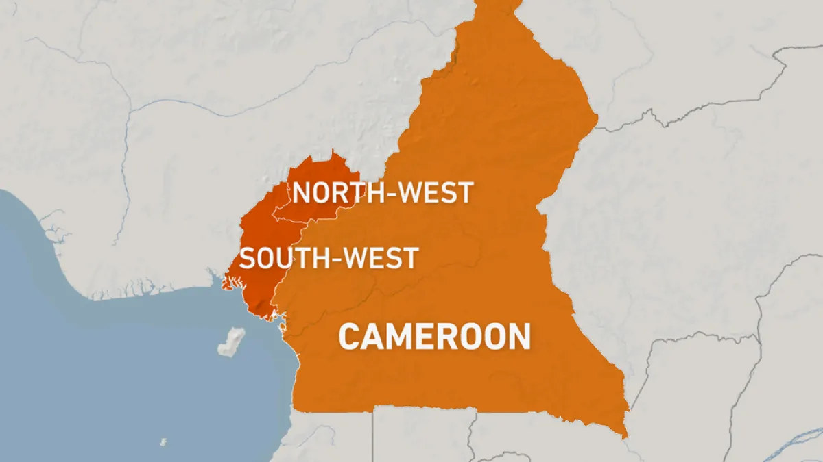 Map highlighting Cameroon, with the Northwest and Southwest regions marked in darker orange.