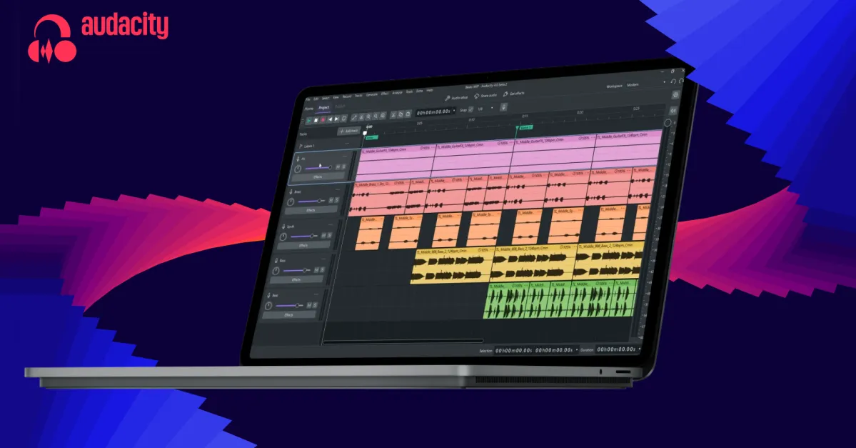 Audacity logo beside a laptop displaying a multitrack audio editing interface against colorful geometric shapes