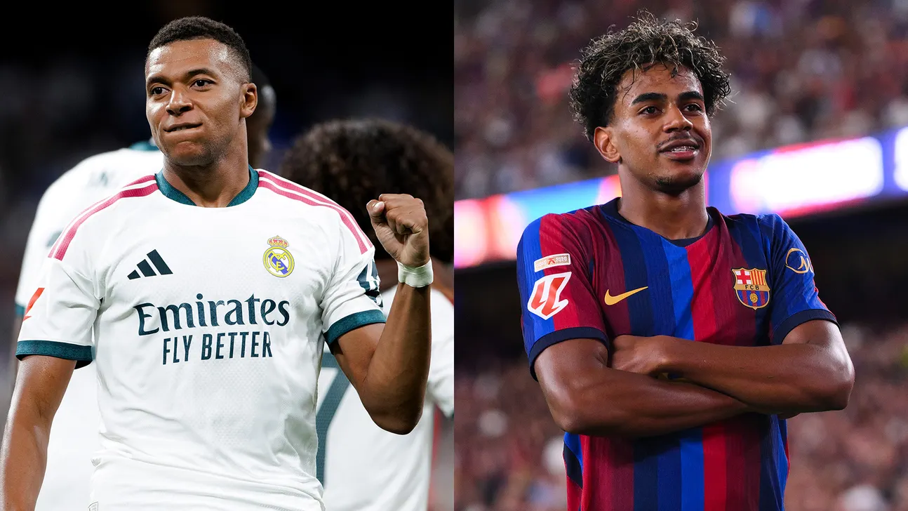 Two footballers pictured side by side wearing Real Madrid and Barcelona shirts