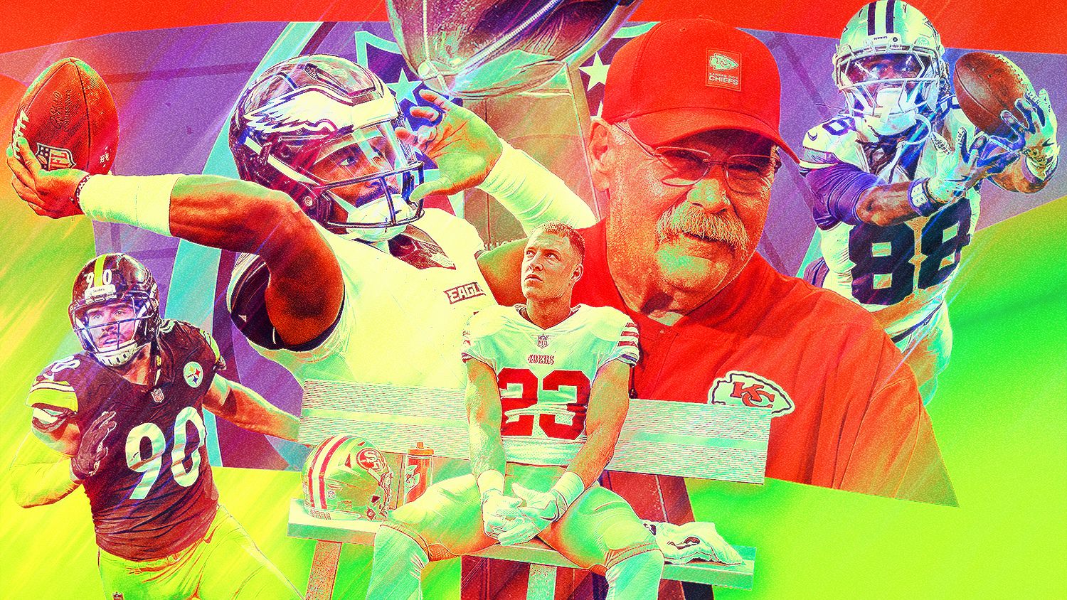 Colorful NFL collage featuring football players, a coach, the Lombardi Trophy, and team helmets.