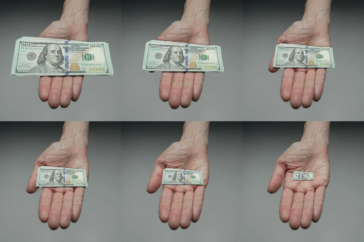 Six hands display progressively smaller stacks of U.S. $100 bills in a two-row grid.