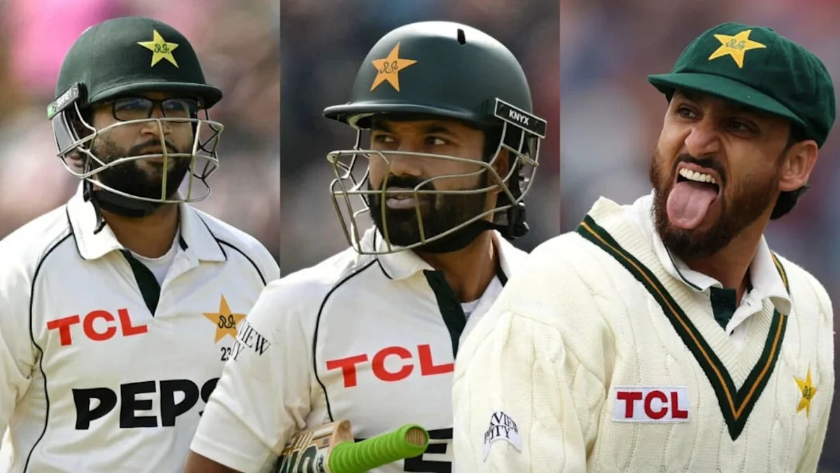 Three cricketers in white Test uniforms, two wearing helmets and one celebrating.