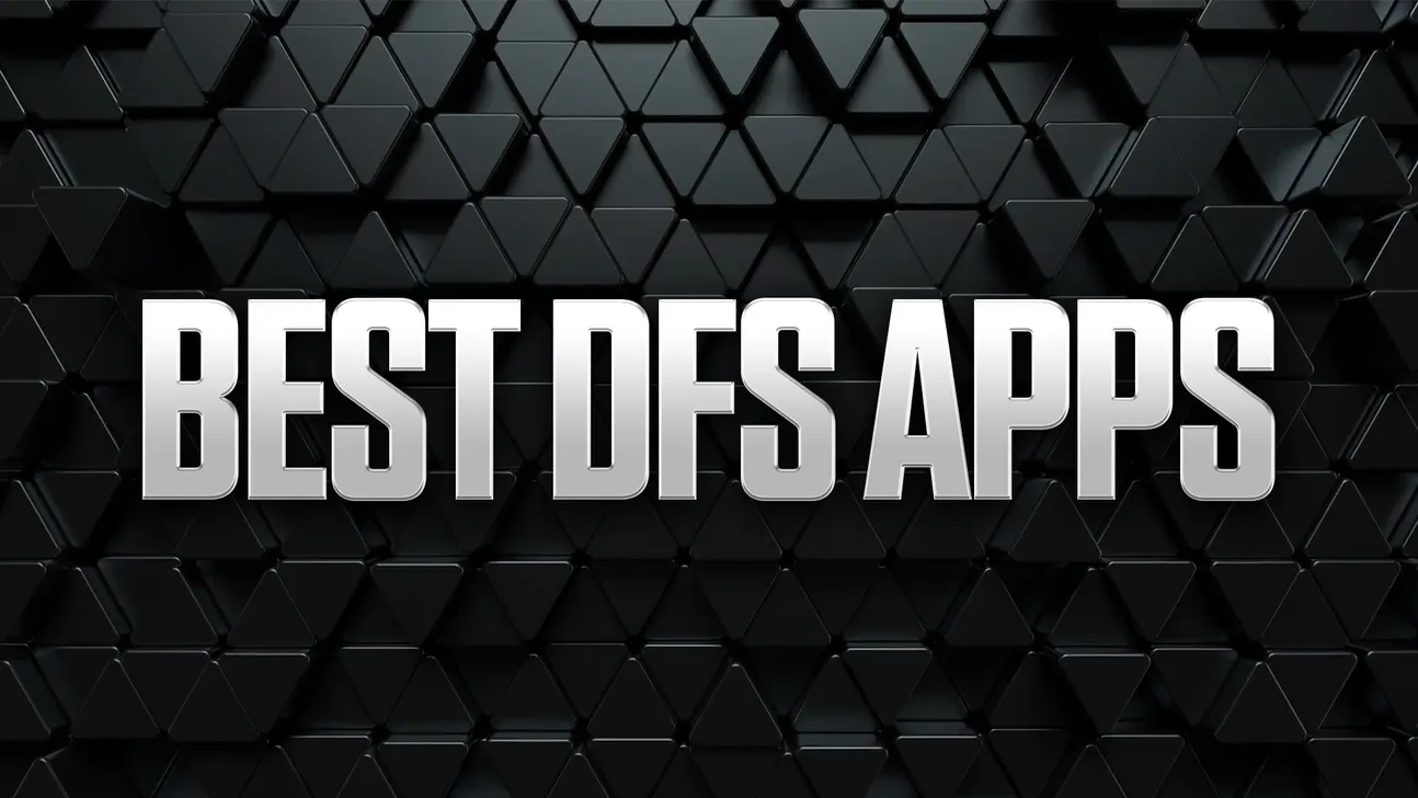 Large metallic “BEST DFS APPS” text over a dark geometric triangular background
