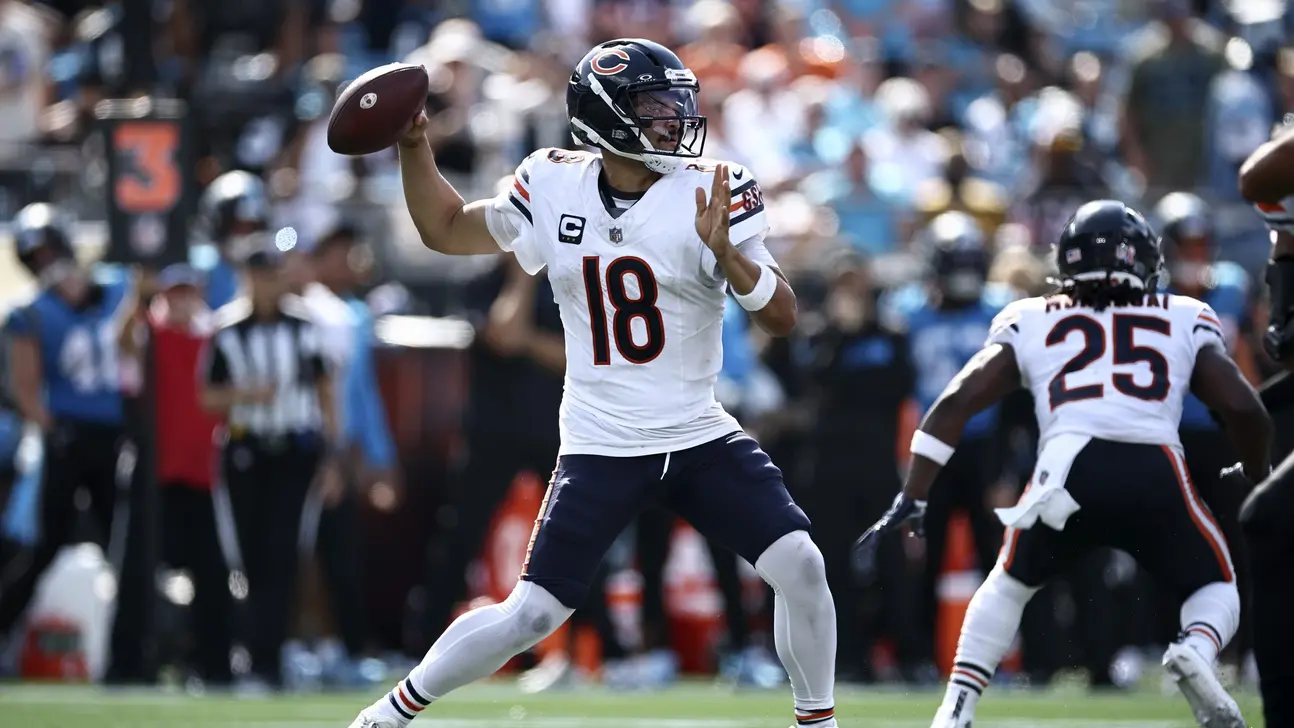 Chicago Bears quarterback in uniform prepares to throw a football during an NFL game
