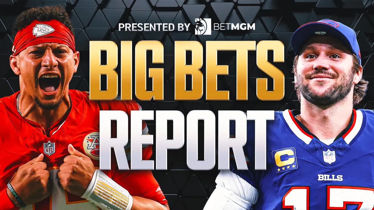 Graphic featuring two football players flanking large gold and white “BIG BETS REPORT” text