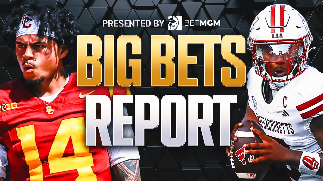 Graphic shows two football players beside large gold and silver “Big Bets Report” lettering.
