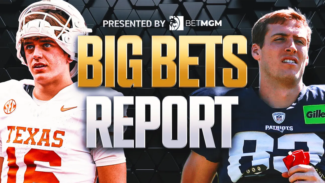 Sports graphic featuring two football players beside large “BIG BETS REPORT” lettering.