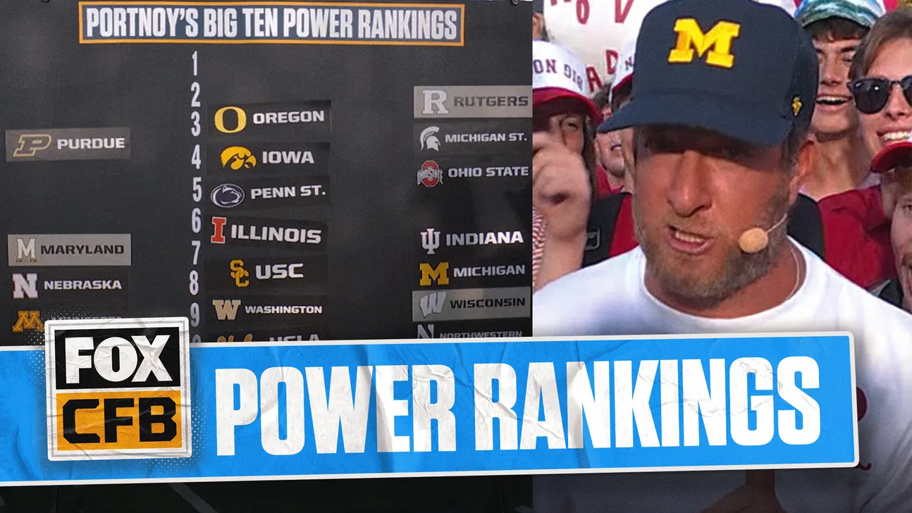 College football power rankings graphic beside a man in Michigan gear speaking to a crowd