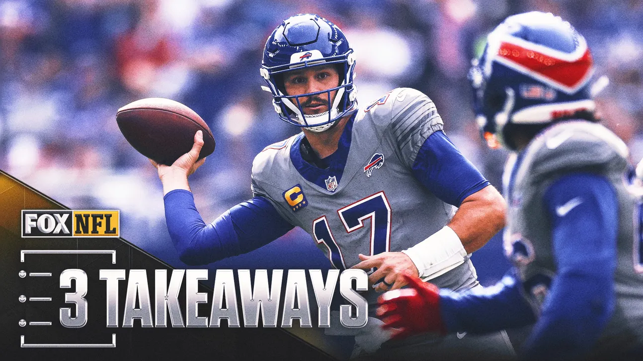 Buffalo quarterback prepares to throw as a Chargers player faces away in the foreground, with a 3 Takeaways graphic.