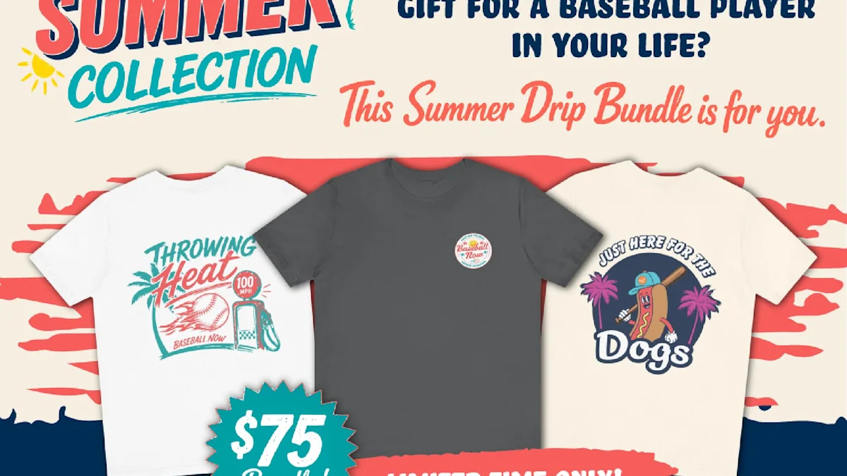 Three summer baseball-themed T-shirts displayed beneath promotional text for a summer collection and gift bundle.