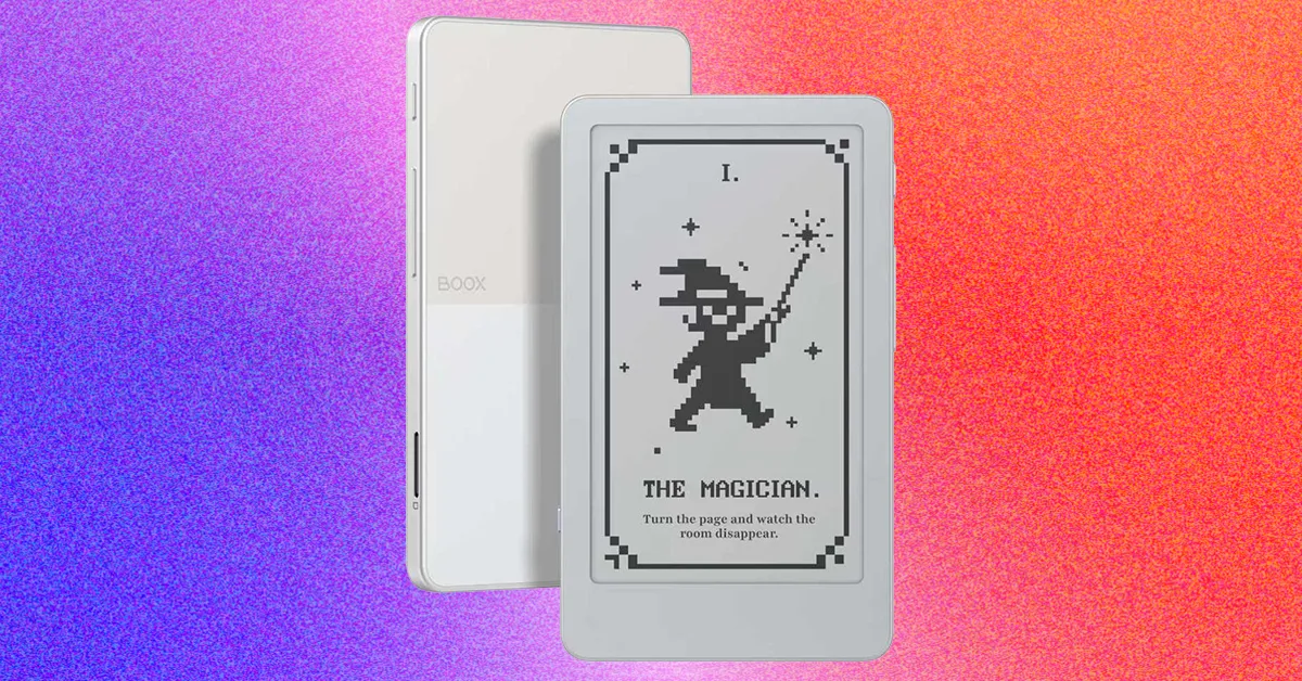 Two white e-readers overlap against a vivid pink and purple textured background; the front screen shows a pixel-art magician.