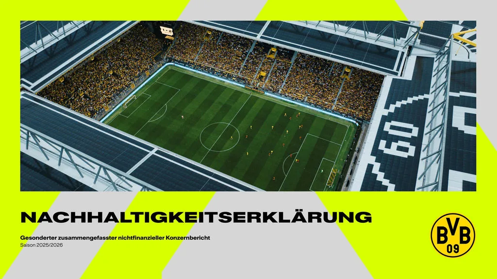 Aerial view of a football stadium with a match underway, above a German sustainability statement cover.