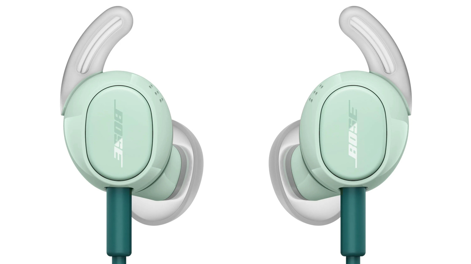 Two mint green Bose earbuds with white ear hooks and dark teal cables on a white background