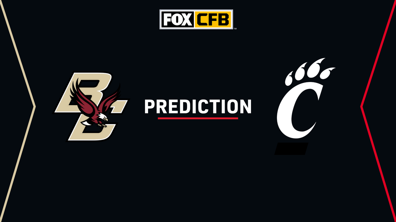 Boston College and Cincinnati logos flank the word “Prediction” on a dark FOX CFB graphic.