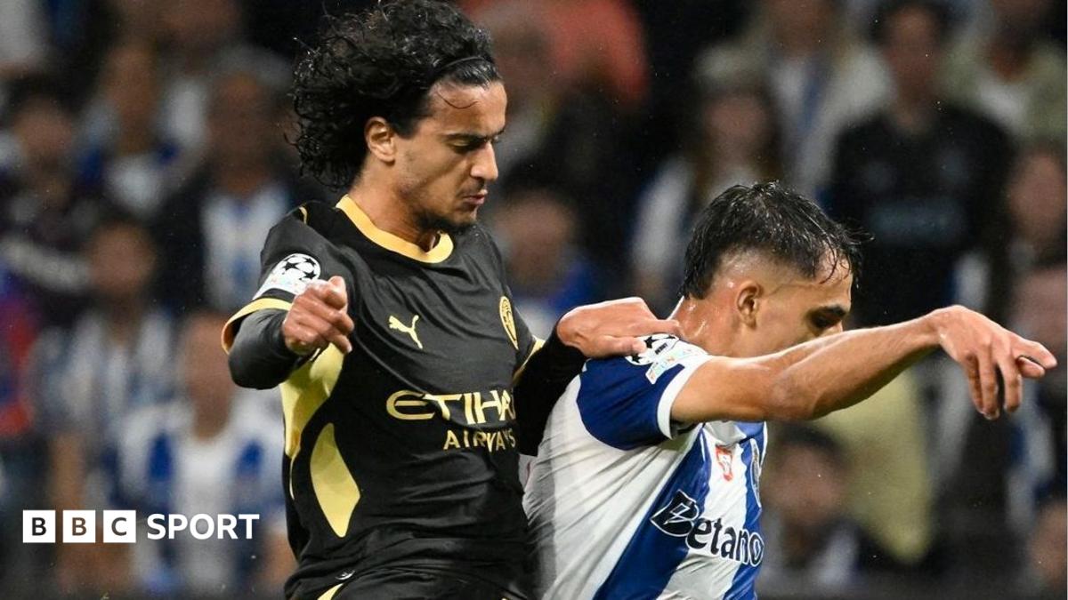 Two footballers contest the ball during a Champions League match, with BBC Sport branding visible.