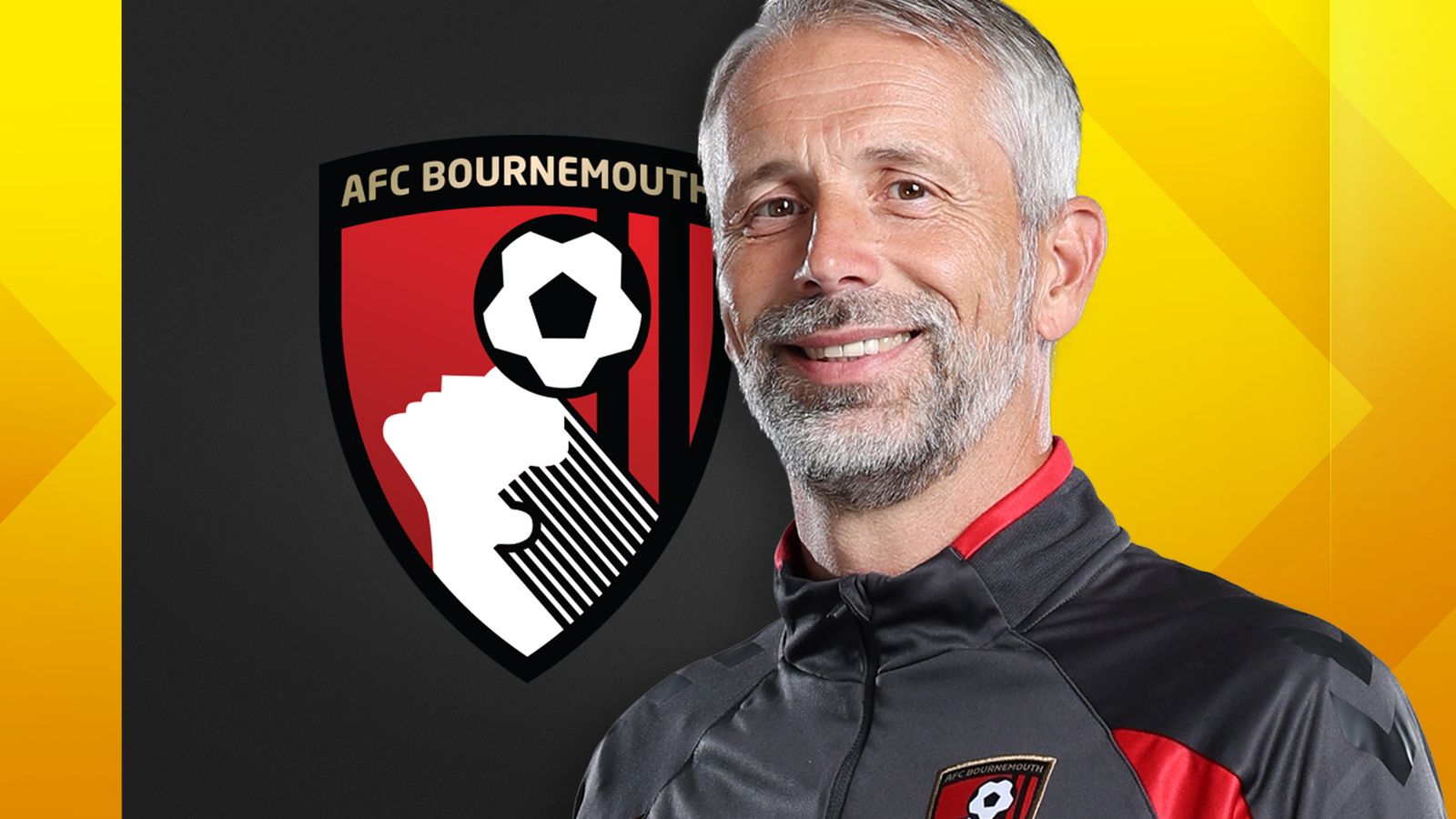 Smiling silver-haired man in black and red sportswear beside the AFC Bournemouth crest