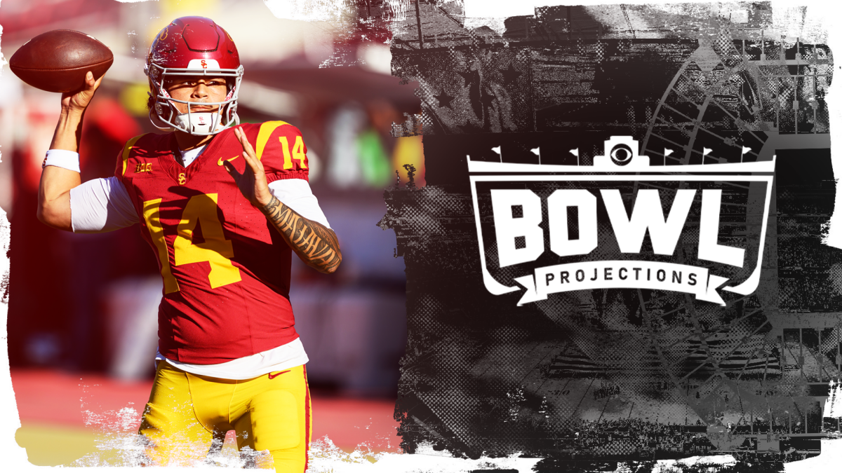 Football player in red and gold uniform throws a ball beside a Bowl projections graphic
