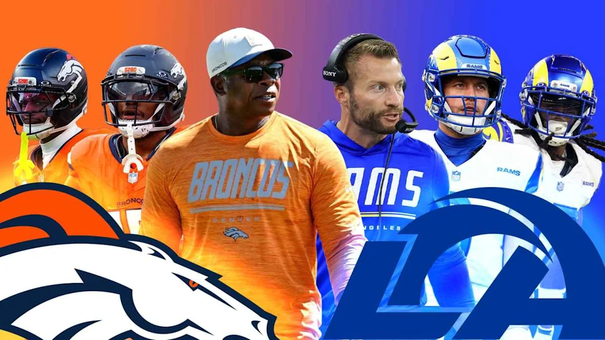 Denver Broncos and Los Angeles Rams players and coaches pictured against orange and blue backgrounds with team logos.